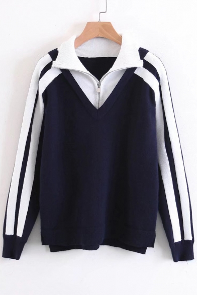 Fashion Fake Two-Piece Zip Up Collar Color Block Long Sleeve Pullover Sweater