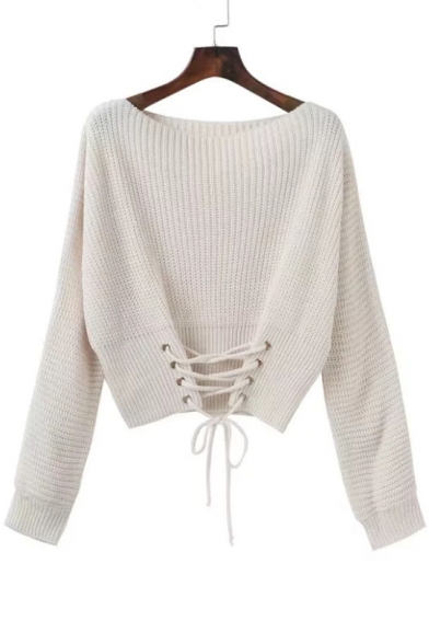 Fashion Lace-Up Gathered Waist Boat Neck Long Sleeve Plain Sweater