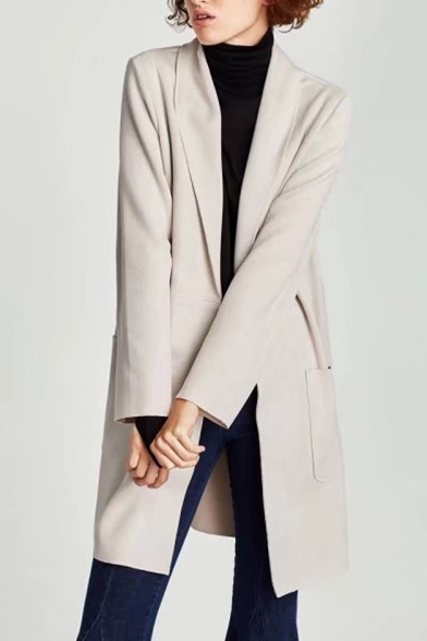 Fashion Simple Plain Long Sleeve Open Front Trench Coat with Double Pockets