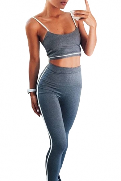 Fashion Striped Pattern Sexy Slim Cropped Cami Top with Skinny Sports Pants