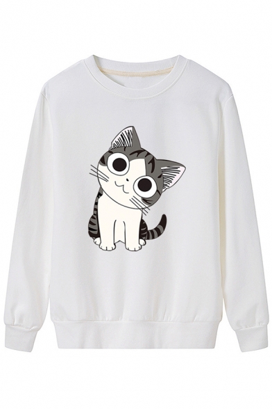 Lovely Cartoon Cat Pattern Long Sleeve Round Neck Casual Comfort Sweatshirt