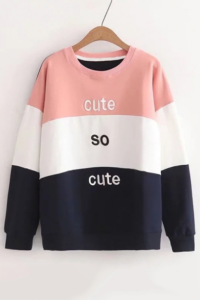 New Arrival Color Block Letter Printed Round Neck Long Sleeve Pullover Sweatshirt
