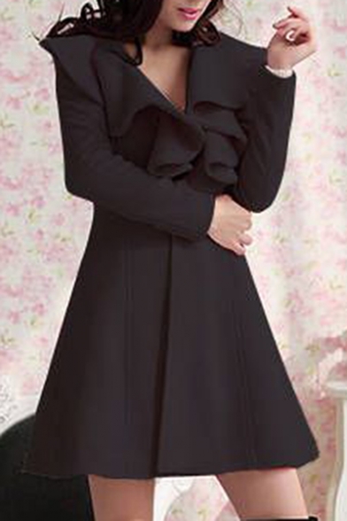 New Arrival Fashion Ruffle Hem Collar Long Sleeve Simple Plain Tunic Coat