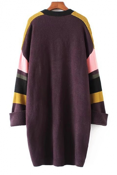 New Collection Fashion Color Block Open Front Long Sleeve Cardigan with Pockets