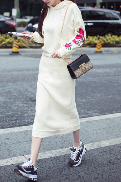 New Trendy Chic Floral Embroidered Hoodie with Midi Pencil Skirt