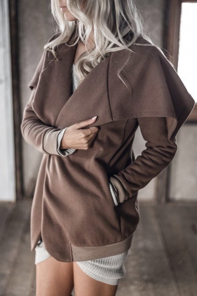 New Trendy Chic Folded Collar Long Sleeve Open Front Basic Plain Coat
