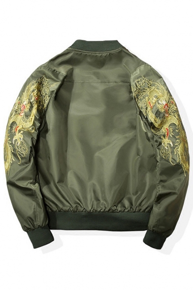 

Chic Dragon Embroidered Long Sleeve Stan-Up Collar Zip Up Unisex Bomber Jacket, LC450256, Black;green