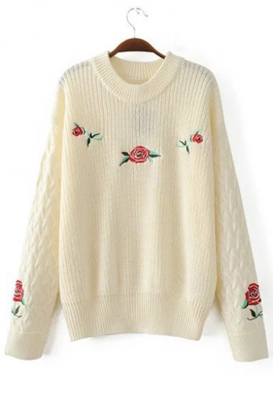 Chic Floral Embroidered Long Sleeve Round Neck Casual Pullover Sweater