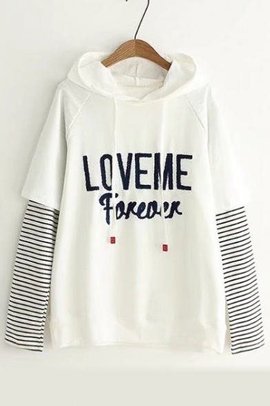 Chic Letter Embroidered Striped Printed Long Sleeve Layered Loose Hoodie