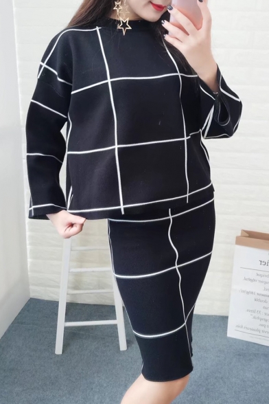 Color Block Plaids Print Long Sleeve Round Neck Sweater with Midi Pencil Skirt