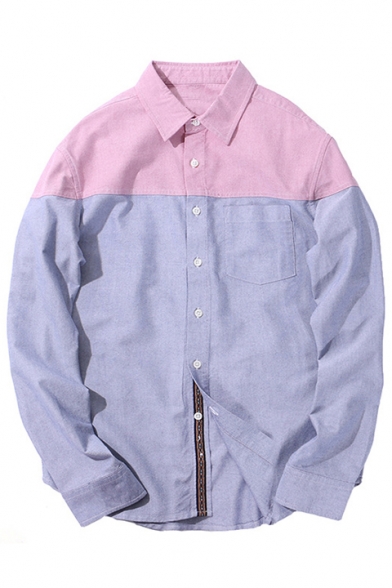 Fashion Color Block Long Sleeve Lapel Collar Buttons Down Shirt