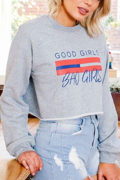 Hot Fashion Letter Pattern Round Neck Long Sleeve Cropped Pullover Sweatshirt