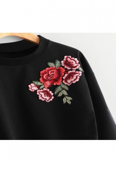 Hot Popular Chic Floral Embroidered Round Neck Long Sleeve Pullover Cropped Sweatshirt