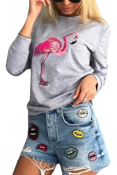 Hot Popular Flamingo Pattern Long Sleeve Round Neck Casual Comfort Sweatshirt