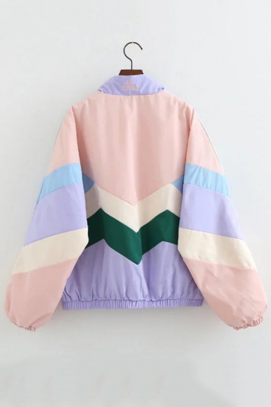 Letter Embroidered Stand-Up Collar Color Block Long Sleeve Zip Up Coat