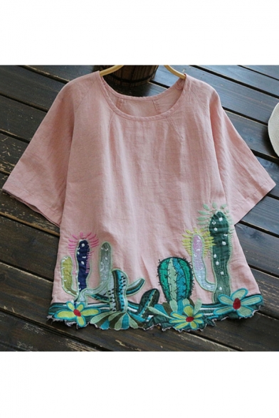 New Arrival Fashion Cactus Embroidered Hem Round Neck Short Sleeve Linen T-Shirt