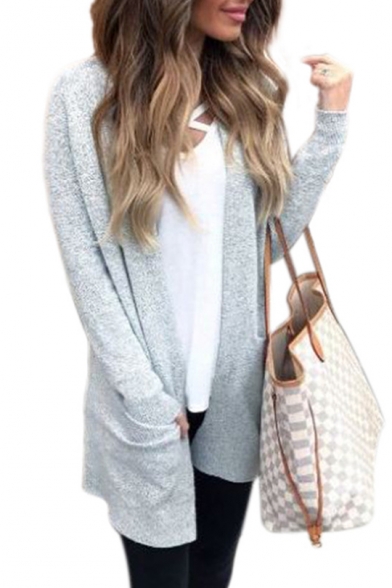 New Collection Basic Plain Long Sleeve Open Front Cardigan with Double Pockets