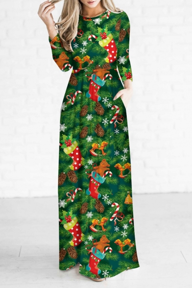 New Fashion Digital Christmas Trees Pattern Round Neck Long Sleeve Maxi Dress