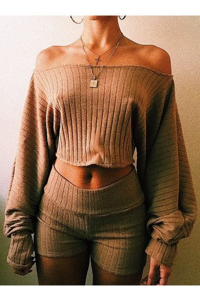 New Sexy Off The Shoulder Long Sleeve Simple Plain Cropped Blouse