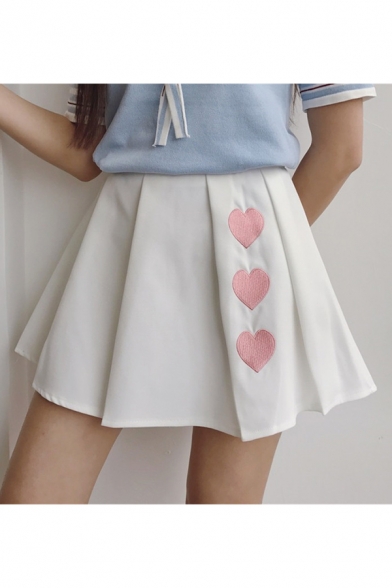 Summer's High Waist Fashion Heart Embroidered Mini A-Line Pleated Skirt