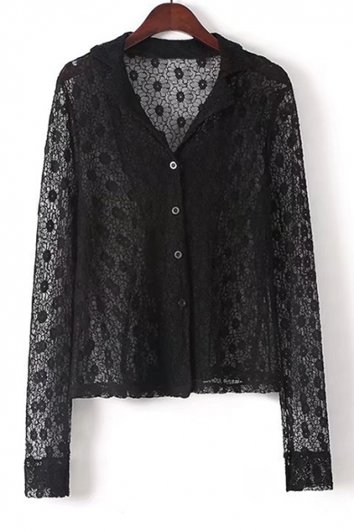 Basic Fashion Notched Lapel Collar Long Sleeve Sheer Lace Inserted Buttons Down Shirt