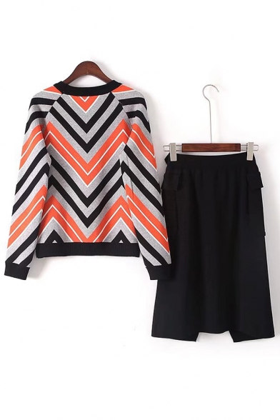 Color Block Striped Printed Long Sleeve Sweater with Midi Zip Up Pencil Skirt
