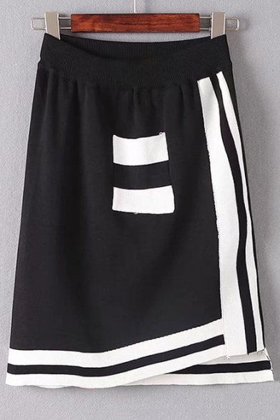 Fashion Color Block Knit V Neck Long Sleeve Sweater with Mini Elastic Waist Skirt