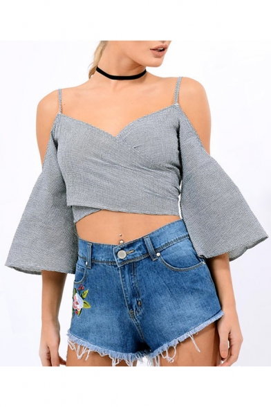 Fashion Flared Sleeve Cold Shoulder Spaghetti Straps Plaids Pattern Cropped Top