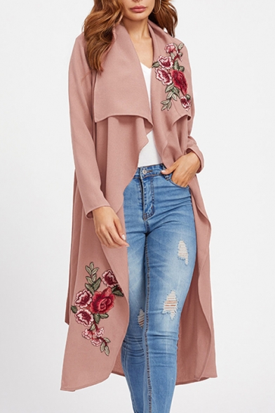 Folded Collar Long Sleeve Chic Floral Embroidered Open Front Trench Coat