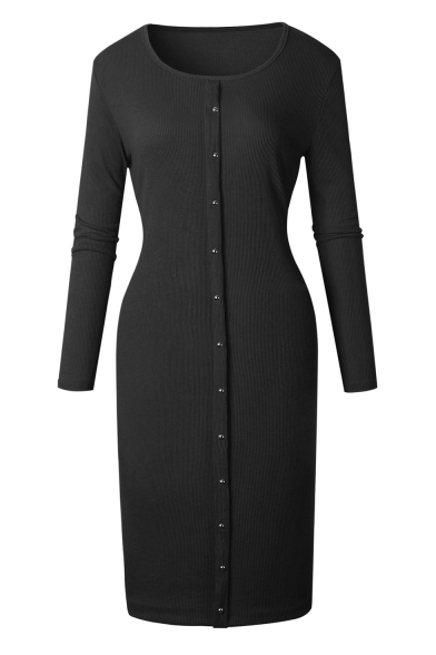 Hot Fashion Long Sleeve Round Neck Basic Plain Buttons Down Midi Knit Dress