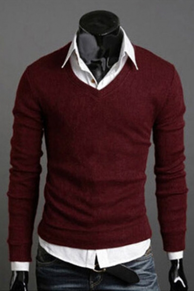 New Trendy Basic Simple Plain V Neck Long Sleeve Pullover Comfort Sweater