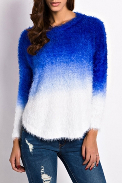 New Trendy Fashion Color Block Round Neck Long Sleeve Chic Mohair Sweater