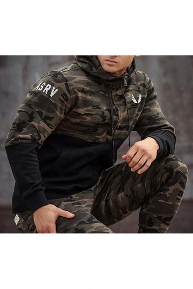 Sports Casual Fashion Color Block Camouflage Print Hooded Long Sleeve Zip Up Coat