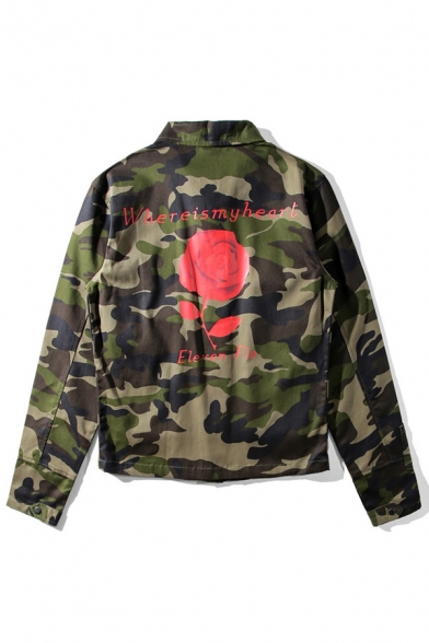 Street Style Floral Camouflage Printed Lapel Collar Single Breasted Utility Jacket