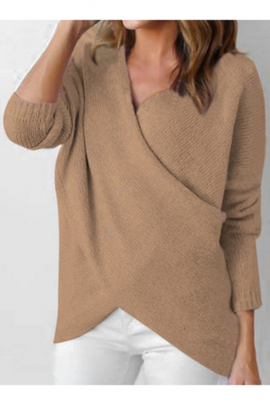 V-Neck Crisscross Front Long Sleeve Plain Pullover Sweater