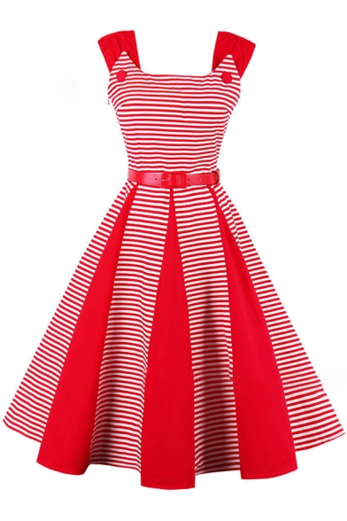 Vintage Fashion Color Block Striped Printed Sleeveless Scoop Neck Midi Flared Dress