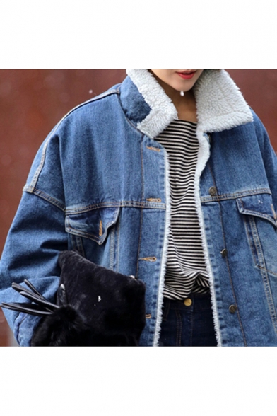 Winter's New Fashion Lapel Collar Long Sleeve Buttons Down Warm Wool Denim Coat