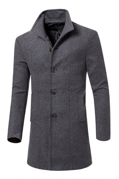 Basic Simple Plain Lapel Collar Long Sleeve Buttons Down Woolen Coat