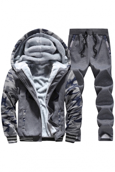 Camouflage Pattern Panel Hooded Long Sleeve Coat with Drawstring Waist Pants