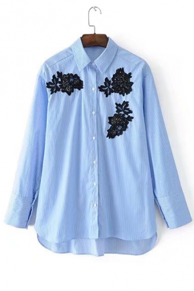 Chic Beading Floral Embroidered Long Sleeve Lapel Collar Buttons Down Striped Shirt
