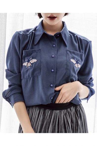 Chic Bee Embroidered Pockets Long Sleeve Lapel Collar Buttons Down Shirt