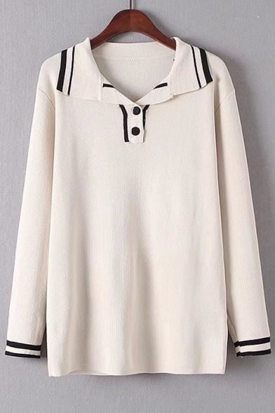 Chic Color Block Lapel Collar Long Sleeve Sweater with Loose Knit Pants