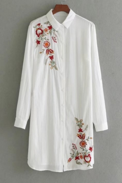Chic Floral Embroidered Lapel Collar Long Sleeve Buttons Down Tunic Shirt