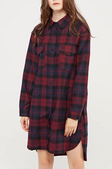Classic Plaids Printed Long Sleeve Buttons Down Tunic Shirt with Double Pockets