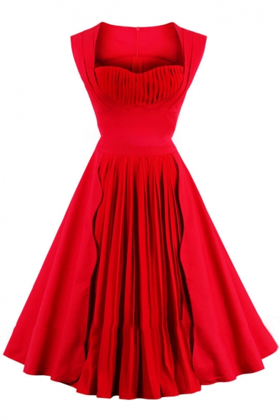 Fashion Sashes Simple Plain Square Neck Sleeveless Vintage Flared Dress