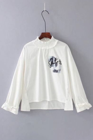 Letter Patched Stand-Up Collar Long Sleeve Stringy Selvedge Pullover Blouse