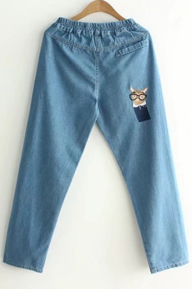 Lovely Cartoon Cat Embroidered Elastic Waist Casual Loose Jeans