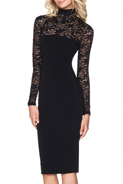 New Arrival Graceful High Neck Long Sleeve Lace Inserted Plain Midi Bodycon Dress