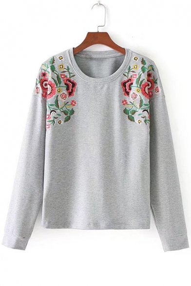Symmetrical Floral Embroidery Round Neck Long Sleeve Pullover Sweatshirt