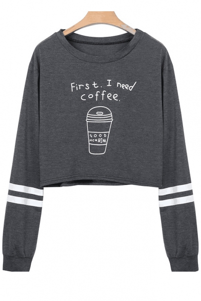 Cartoon Coffee Letter Pattern Long Sleeve Round Neck Loose Cropped Sweatshirt